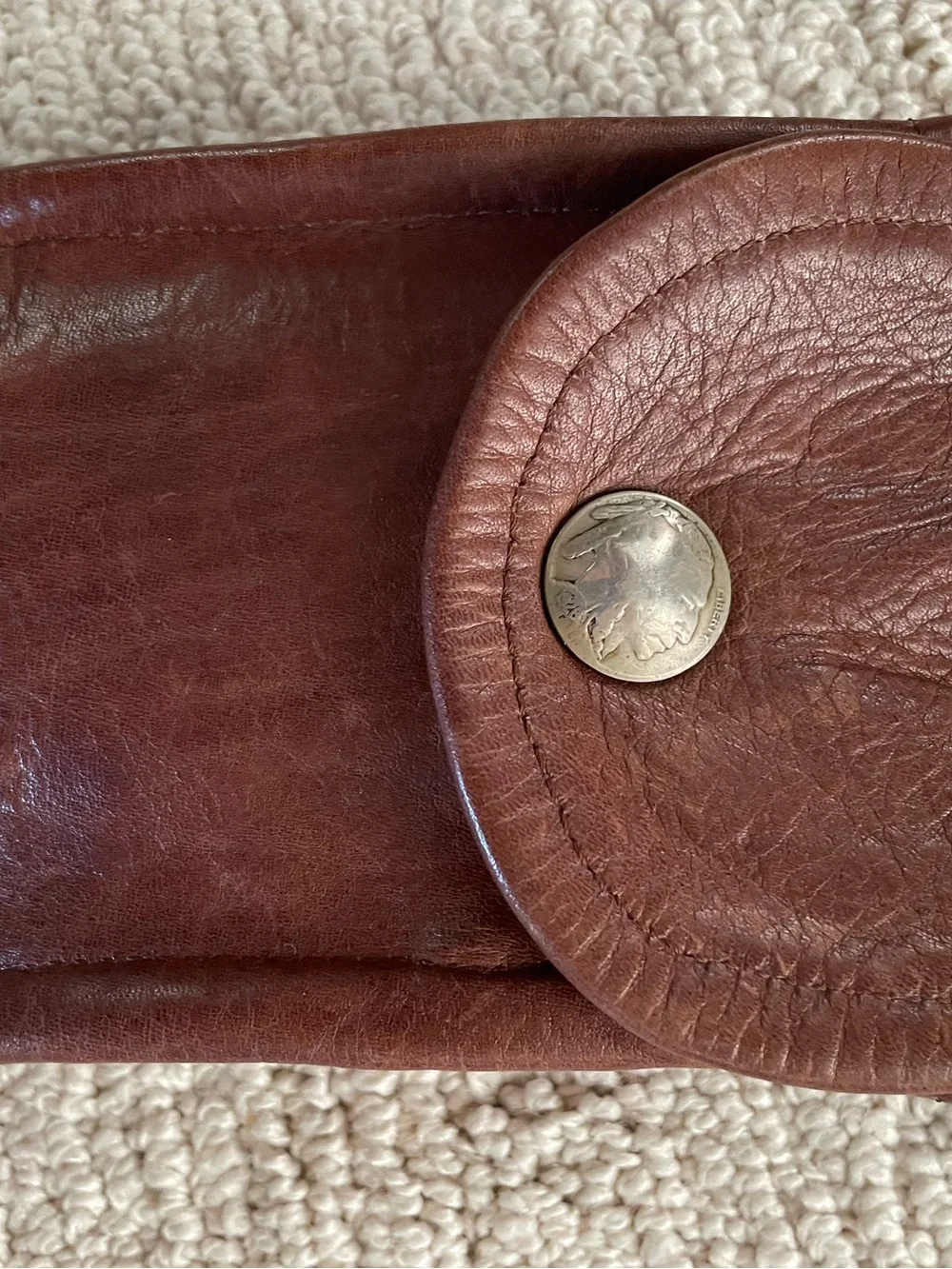 Brown Leather Pouch with Buffalo Head Nickle Snap Closure, Belt Loop on the Back